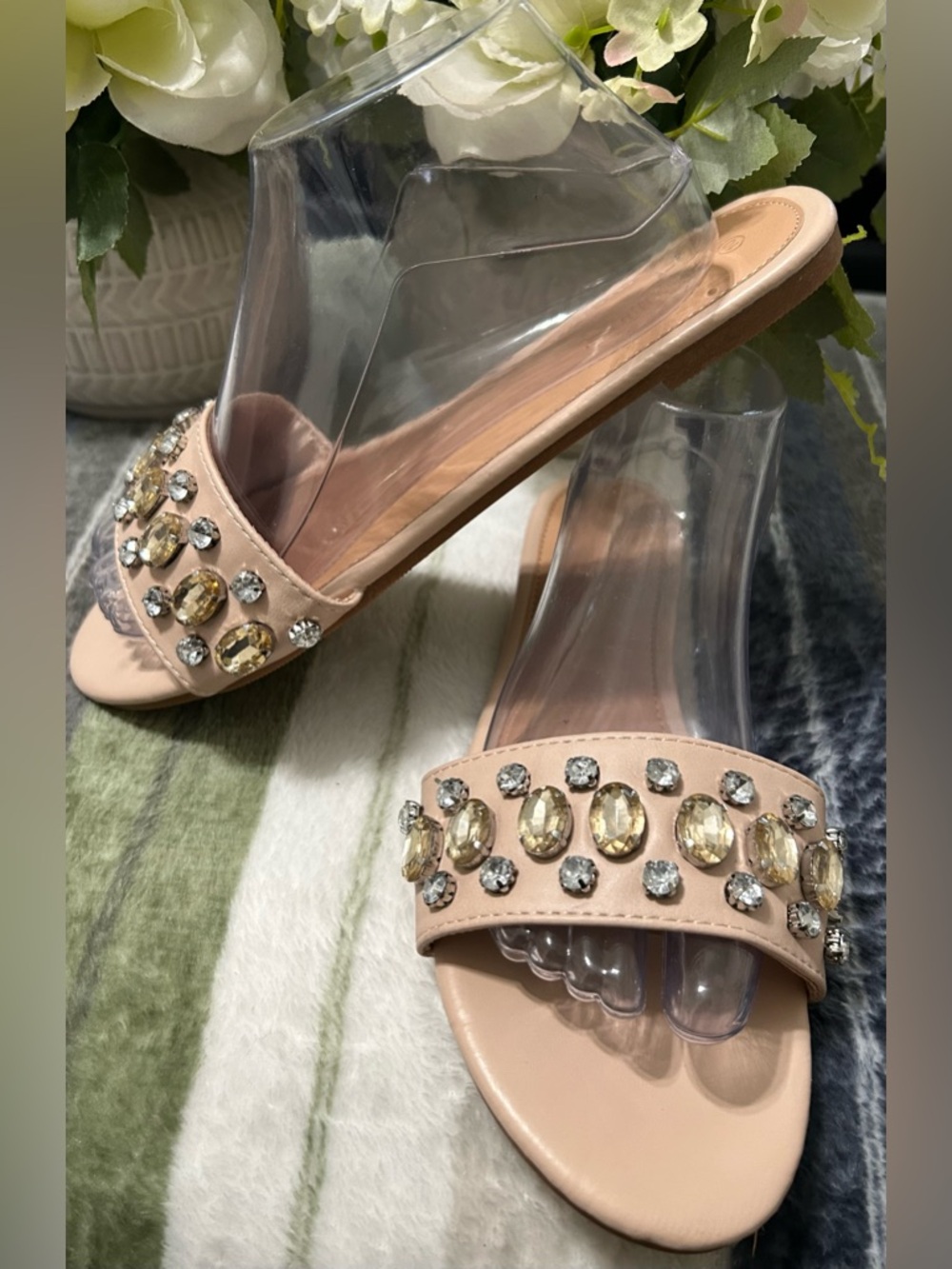 Great Olivia Miller Crystal Embellished Slide Sandals -Blush, Size 10